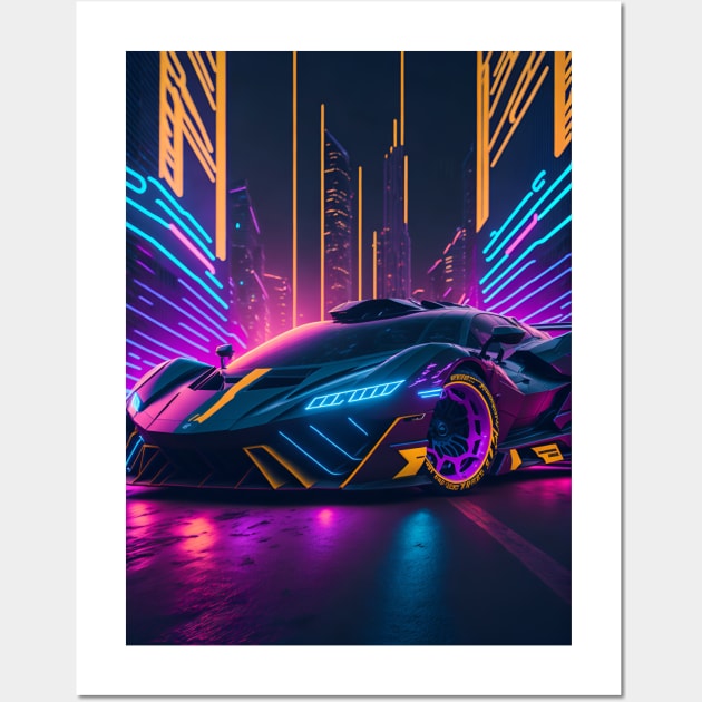 Dark Neon Sports Car in Japanese Neon City Wall Art by star trek fanart and more